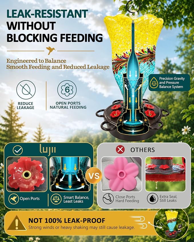 LUJII Smart Hummingbird Feeder with Camera for Outdoor Hanging, Hand Blown Glass, Solar WiFi Feeder with Live View App, 6 Feeding Ports, Leak-Resistant Design, Ant Moat & Gift Box, 32 fl oz, Yellow