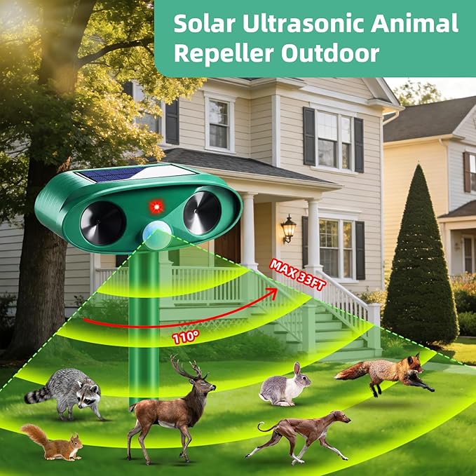 4 Pack Sonic Fortress Pro Deer Repellent Devices- Solar Ultrasonic Animal Repeller Outdoor Weatherproof with Motion Sensor & USB Charging,Deter Cats,Squirrels,Racoons,Rabbits,Skunks for Yard Garden