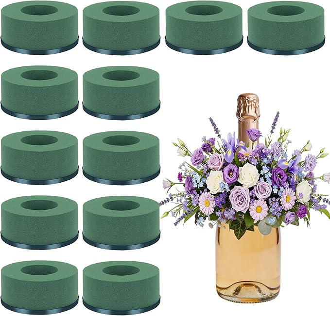 12 Pcs Mini Floral Foam Holder for Wine Bottle, Green Floral Foam Round with Plastic Base, Floral Arrangement Supplies for Wedding Party Table Wine Bottle Decor (12)