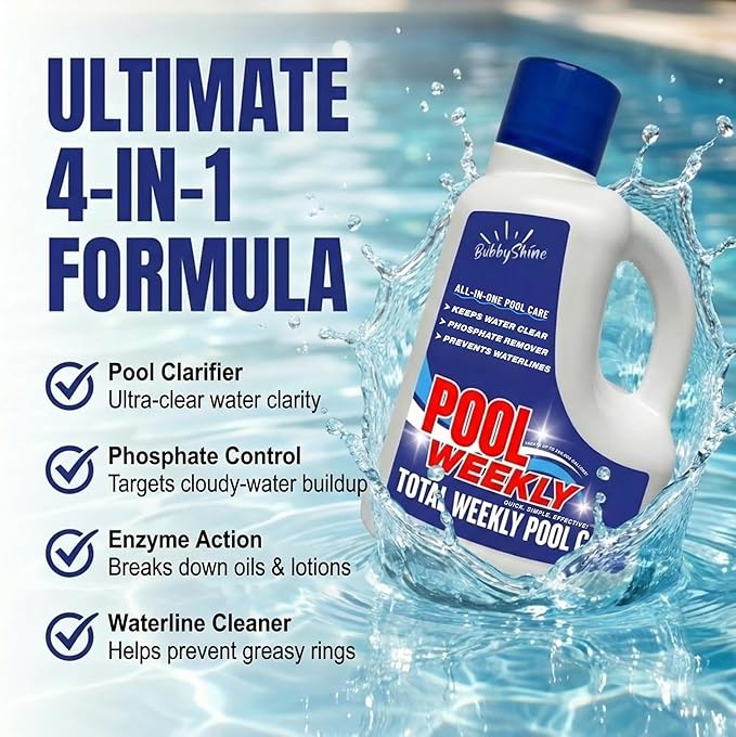 Weekly Pool Treatment, All in One Pool Treatment with Phosphate Remover, Pool Clarifier and Pool Waterline Cleaner, Saltwater Safe, 3 Liter 101.5 fl oz, BubbyShine