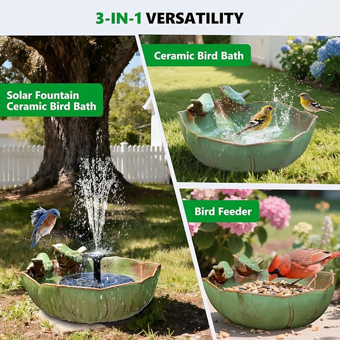 Ceramic Bird Bath for Outdoors, Solar Fountain Hummingbird Solar Bubbler Fountain with Ground Ceramic Bird Baths Bowl for Outside, Large Table Top Garden Décor for Patio, Yard & Home