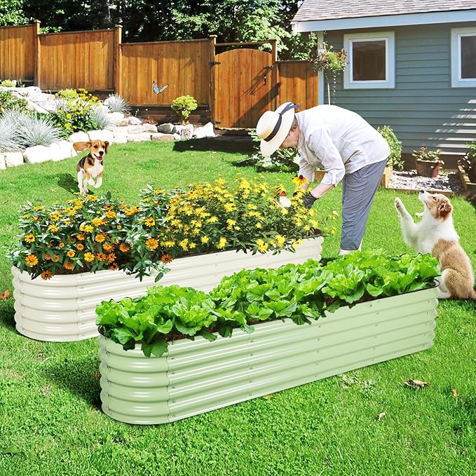 Aoodor 9-in-1 Modular Aluzinc Metal Raised Garden Bed, 89" L x 17.7" W x 17" H, Outdoor Planter Box for Vegetables, Flowers, and Herbs, Olive Green