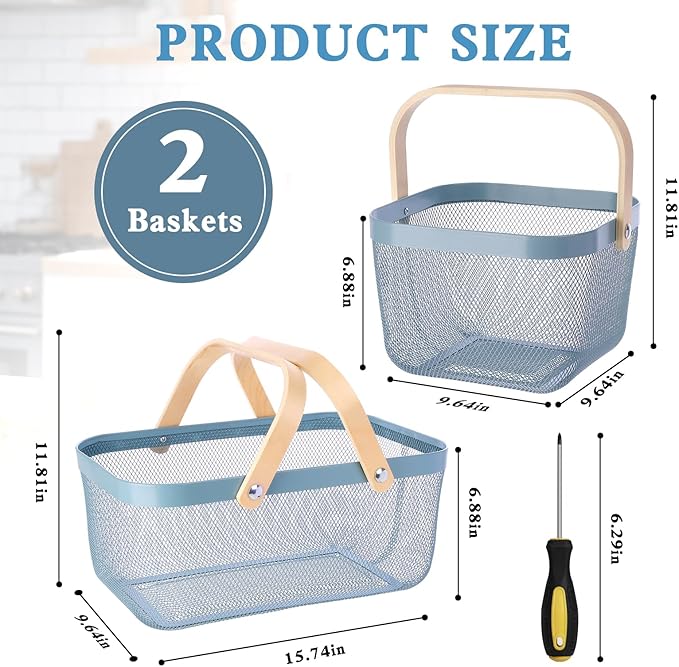 Dualshine 2 Pack Garden Harvest Basket, Metal Mesh Wire Picnic Basket with Handle, Rectangle Garden Baskets for Gathering Vegetables, Fruits, Kitchen, Home Cabinet Closet and Office(Blue)