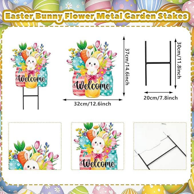 JarThenaAMCS Easter Metal Garden Stake Welcome Yard Sign Watercolor Bunny Rabbit Vase Decorative Lawn Sign for Spring Home Outside Lawn Porch Walkway Pathway
