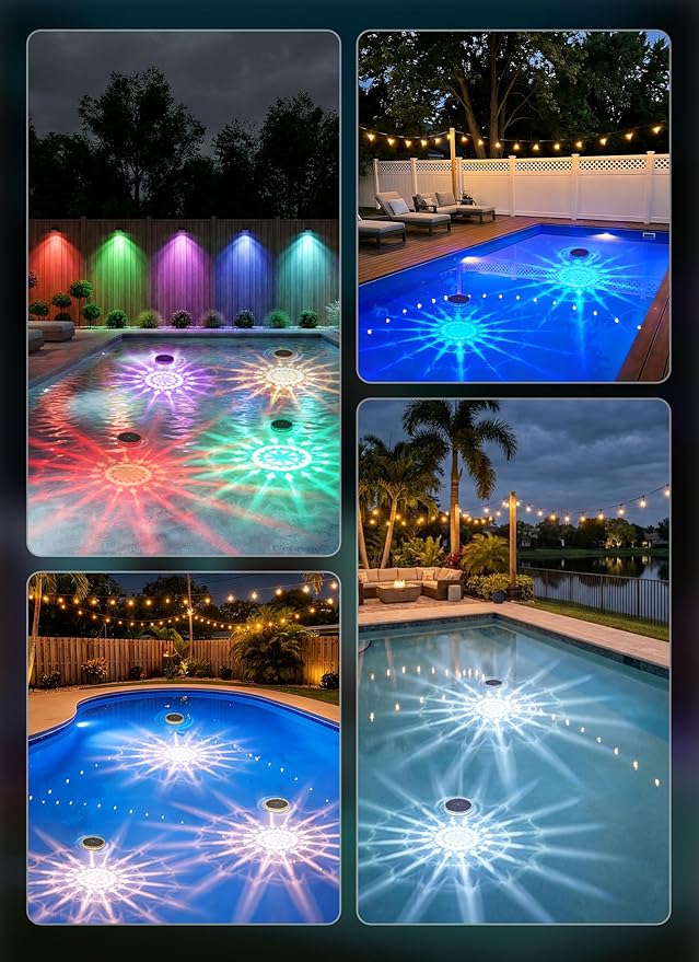 Floating Solar Pool Lights 4 Pack, RGBWW 12 Lighting Modes, 3 Dimming & Timing IP68 Waterproof with Remote Control, Solar Floating Pool Lights for Above Ground Pools Inground Pools Accessories Bathtub