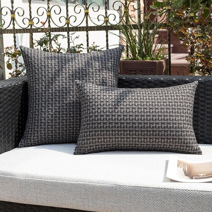 Kevin Textile Outdoor Waterproof Throw Pillow Covers Pack of 2 Boho Farmhouse Decorative Lumbar Cushion Covers for Garden Patio Tent Balcony Bench Couch Sofa 12x24 Inch, Dark Grey