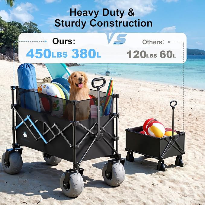 Beach Wagon with Big Wheels for Sand, 450LBS Heavy Duty Foldable Collapsible Wagons Carts with 9" All Terrain Inflatable Tires, Adjustable Capacity 200L–380L for Groceries, Camping, Sports