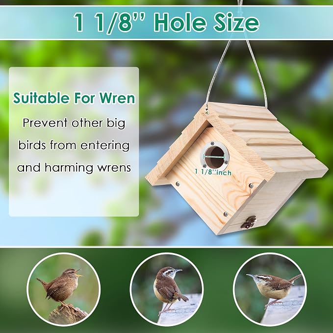 Dreyoo 4 Pack Wren House, 1-1/8'' Entrance Hole Hanging Wooden Wren Bird Houses for Outside with Metal Guard, Air Vents, Pine Wood for Chickadees (Wood)