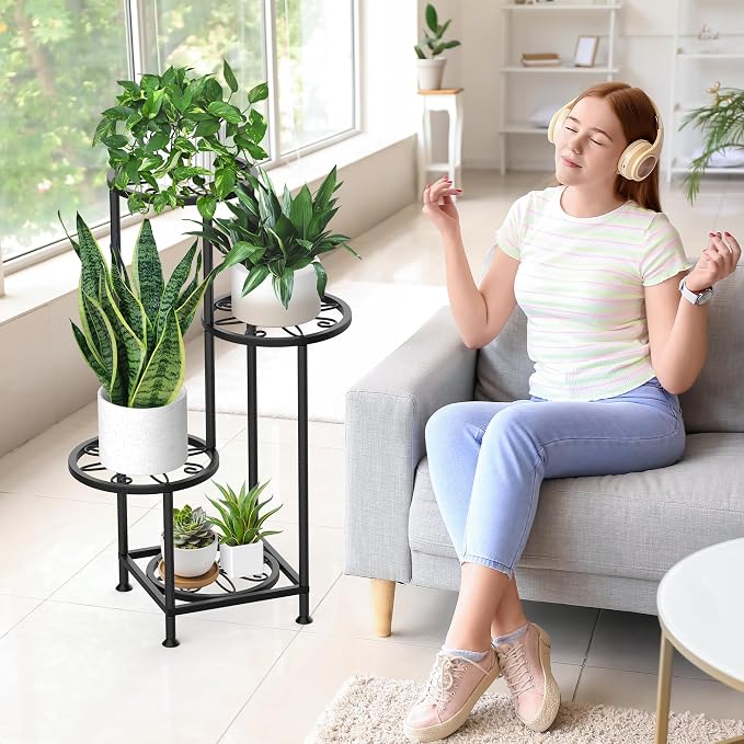 4 Tier Plant Stand Indoor Outdoor, Metal Flower Shelf Display Holder, Multiple Plants Corner Tall Flower Holders for Patio Balcony Porch Garden Living Room (Leaf Black)