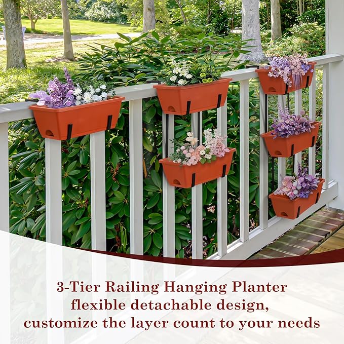 OYEAL Hanging Flower Pots for Railing Fence Outdoor Window Boxes Planter with Adjustable Hooks, Set of 2 Deck Rail Planters with 6 Detachable Plastic Planter Boxes, Drainage Holes, Brick Red