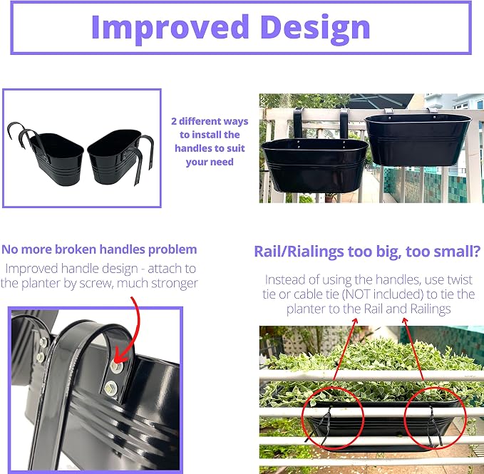 LaLaGreen Outdoor Rail Planter (11.8 Inch, 4 Pack) Black Metal Iron Hanging Flower Pots Deck Railings Fence Buckets Modern Countryside Boho Style Wall Mount Window Box Plant Holder Hooks Porch Decor