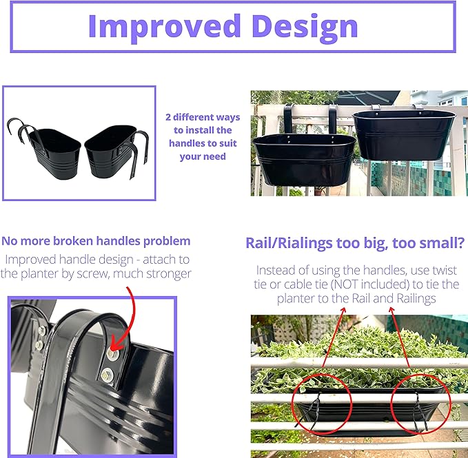 LaLaGreen Outdoor Rail Planter Plants (4 Pack, 11.2 Inch) Black Metal Iron Hanging Flower Pots Deck Railings Fence Buckets Modern Boho Style Wall Mount Window Box Plant Holder with Hooks Porch Decor