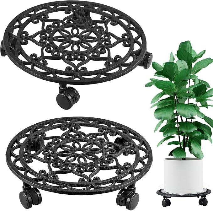 2 Packs Rolling Plant Stand with Wheels Metal Plant Caddy with Wheels Heavy Duty 13'' Round Plant Stand Indoor Iron Plants Rollers for Plants, Plant Dolly Plant Mover