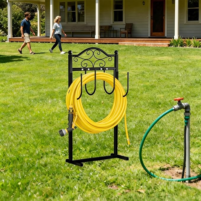 2 Pack Garden Hose Holder, Heavy-Duty Garden Hose Stand for 100FT Hoses, Freestanding Water Hose Holder for Yard & Garden, Black