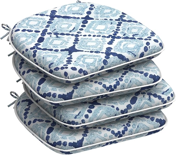 DYTXIII Set of 4 Outdoor Chair Cushions with Ties,Water Repellent Patio Chair Pads 17"x 16" for Outdoor Furniture,Round Corner Seat Cushions for Garden Yard Kitchen Boho Geometry Blue