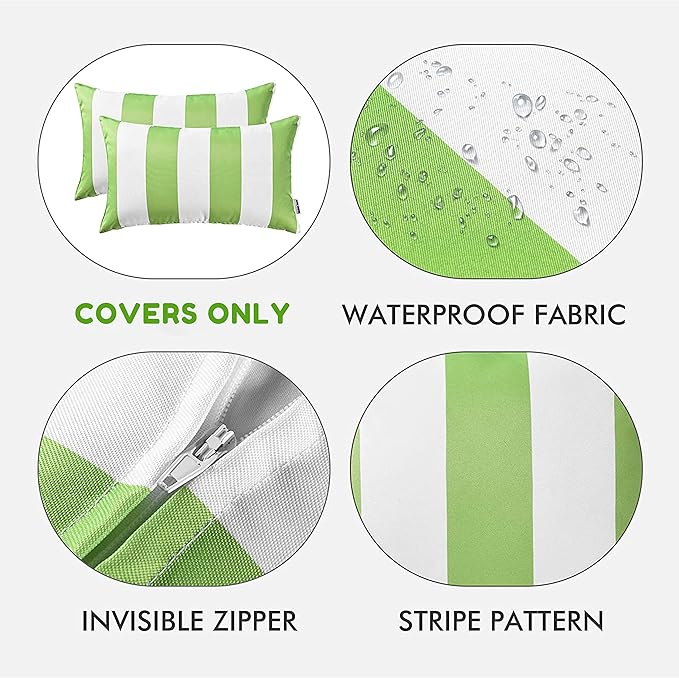 Western Home Pack of 2 Decorative Outdoor Solid Waterproof Striped Throw Pillow Covers Polyester Linen Garden Farmhouse Cushion Cases for Patio Tent Balcony Couch Sofa 12x20 inch Green