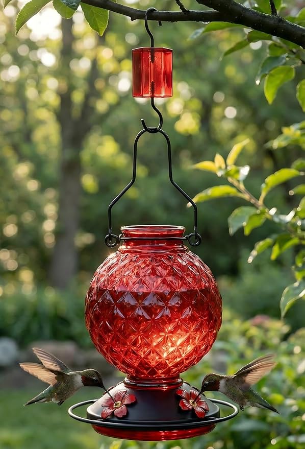 Glass Hummingbird Feeder for Outdoors Hanging, 25 OZ Humming Bird Nectar Feeder with 4 Bee Guard Feeding Ports & Built-in Ant Moat, Bird Feeder for Outside, Gifts for Women Mom, Red