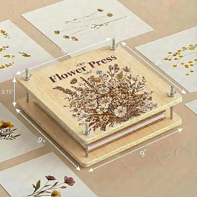 Kaokane Flower Press Kit, 9x9 Large Wooden Flower Presser with 4 Reusable Drying Plates & 4 Blotting Papers, Handcrafted Botanical Pressing Kit for Wedding Flowers, DIY Art Crafts Mothers Day Gifts