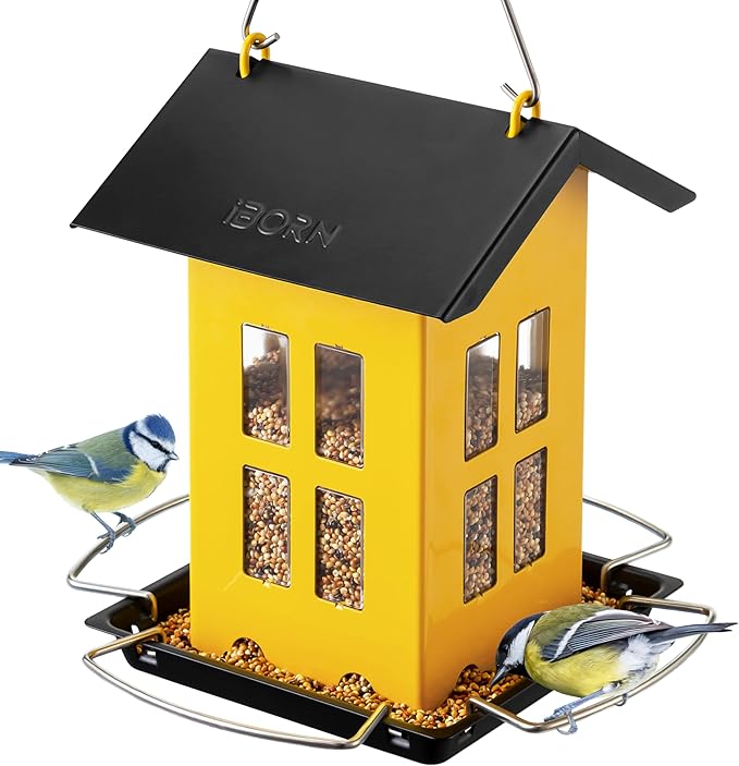 iBorn Bird Feeder House, Metal Bird Feeders for Outdoors Hanging,Double-Sided Metal Hanger & Weatherproof, Easy to Clean & Refill, 1.5 Lbs Capacity, Yellow