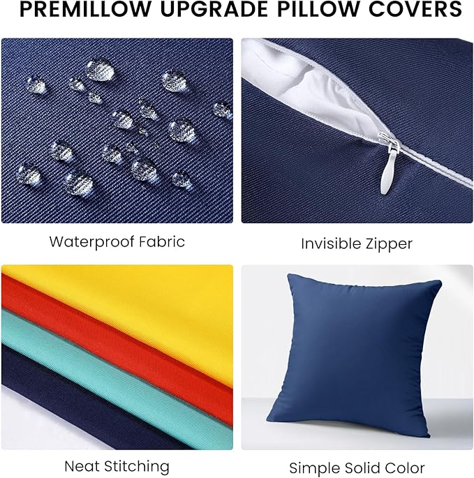 Outdoor Pillow Covers Set of 2, Decorative Farmhouse Waterproof Pillow Covers, Solid Linen Pillowcase Cushion Covers for Patio Garden Balcony Couch Sofa 18x18 inch, Navy