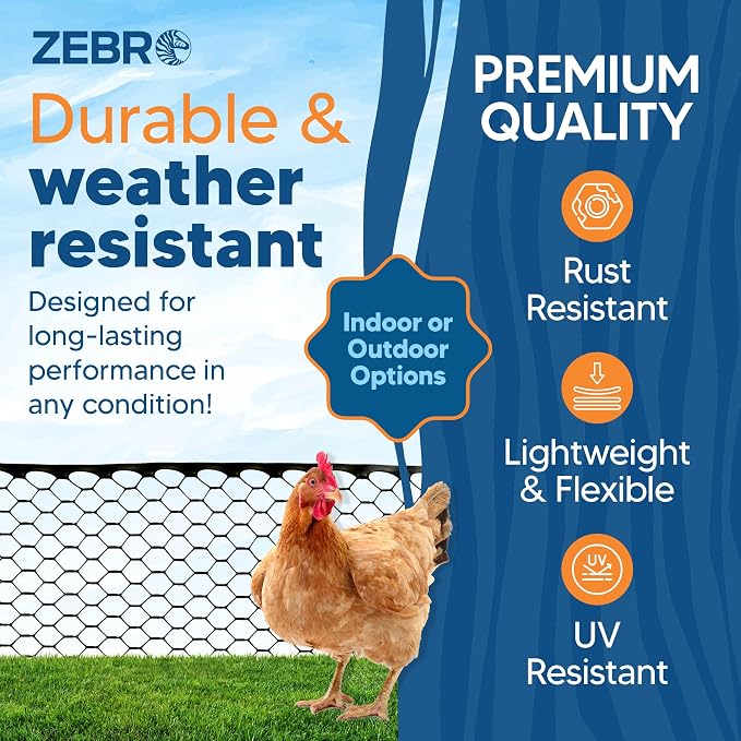 Zebro Plastic Chicken Wire Fence – Flexible Poultry Netting & Garden Fence for Chicken Coops, Rabbits, Pet Enclosures & Landscaping – Weatherproof & Rust-Free - 4' x 75' Black