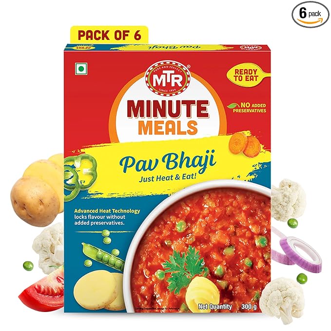 MTR - Pav Bhaji - Spiced Vegetable Gravy - Authentic Indian Ready-to-Eat Meal - Plant-Based, Delicious Microwaveable Meal - Quick & Easy Nutritious Indian Food - Suitable for Vegetarians (Pack of 6)