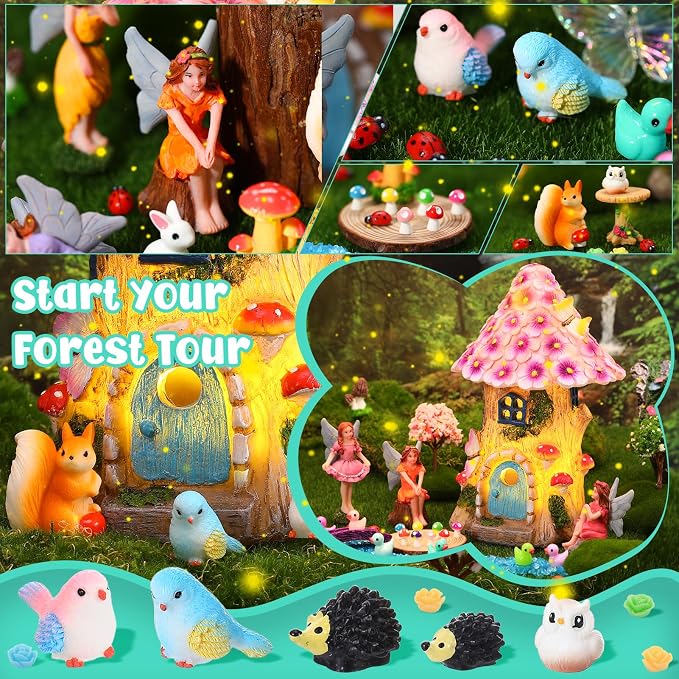 70 Pcs Fairy Garden House Resin Kit Glowing Tree House Miniature Garden Fairy Animals Garden Accessories Decor Outdoor Mini Landscape Ornaments
