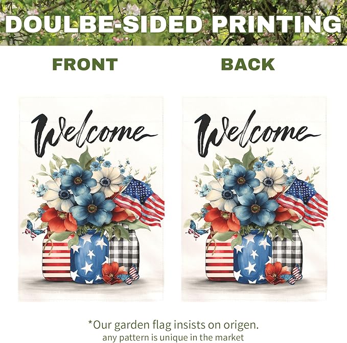 Patriotic Fourth of July Garden Flag Welcome Red White and Blue Mason Jar Flowers Yard Flags American Flag Floral Farmhouse Outdoor for Independence Day Memorial Day Veterans Day 12x18 Inch