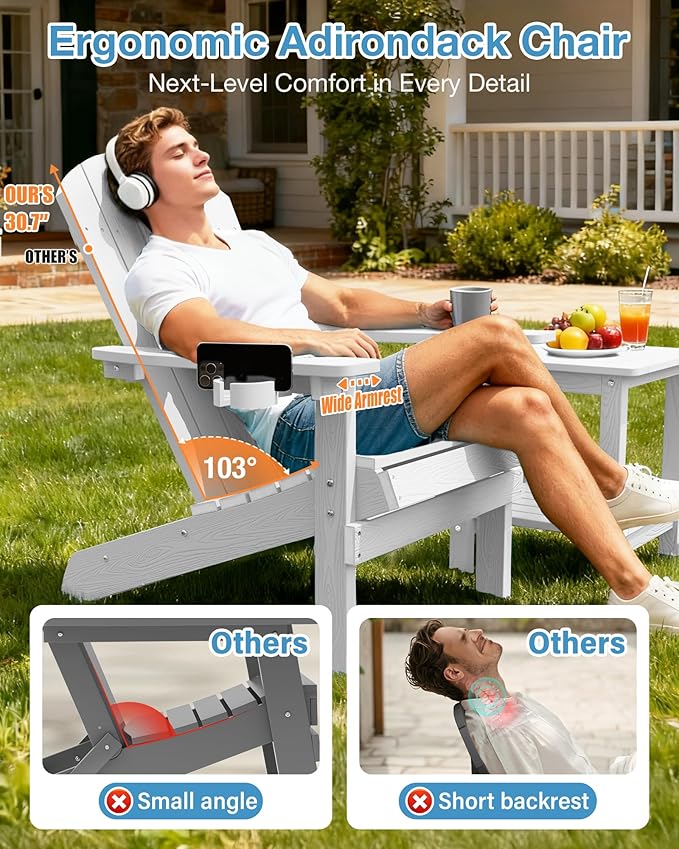 YEFU Adirondack Chairs Set of 2 Plastic Weather Resistant, Outdoor Chairs 5 Steps Easy Installation, Like Real Wood, Widely Used in Outdoor, Patio, Lawn, Fire Pit, Deck, Outside, Chairs (White)