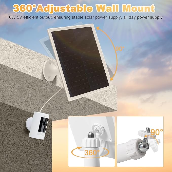 Solar Panel Charger for Ring Camera, Compatible with Ri ng Stick Up Cam Battery, Ring Spotlight Plus/Pro Battery,Waterproof, 5V 6W Fast Charging (White 2Pack)