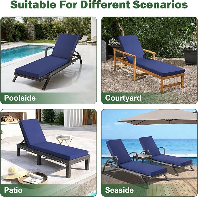 Chaise Lounge Cushions Outdoor, 80x 26x 3 Inch Waterproof & Fade-Resistant Lounge Chair Cushion, Outdoor Chaise Cushion with Removable Cover & Ties for Lawn, Patio, Pool & Beach, Navy Blue