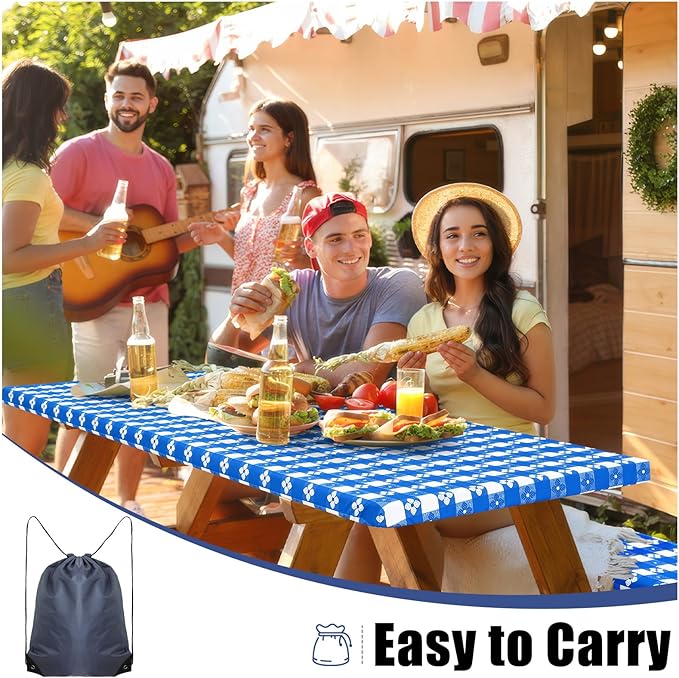 Smiry Picnic Table Cover with Bench Covers, Waterproof Elastic Fitted Tablecloth for 5 Foot Tables, Washable Polyester Tablecloths for Camping, Indoor & Outdoor (Blue & White, 30x60 Inch 3-pc Set)