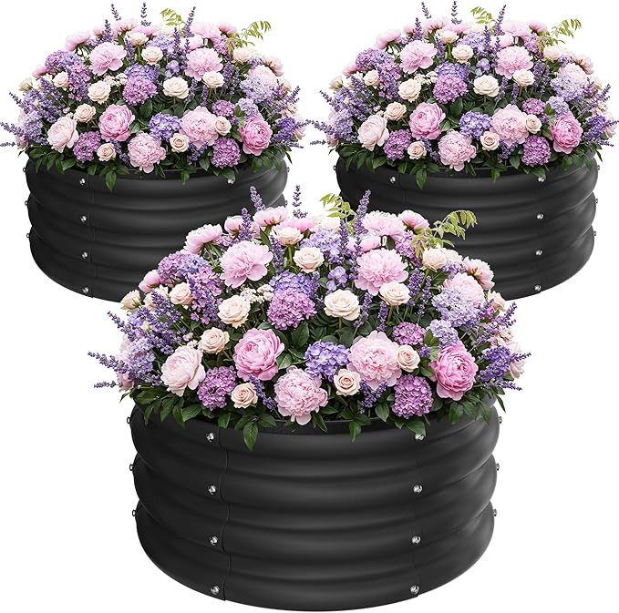 ZXZYHFTY Raised Garden Bed, 0.6 mm Galvanized Steel Round Planter Box with Open Bottom, Black, 2 x 2 x 1 FT, 3 Pack
