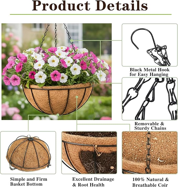 EIMQUVW Outdoor Metal Hanging Planters Basket (2pack, 12 inch) Hanging Baskets for Plants Chain Round Wire Plant Holder with Coco Fiber Liners for Garden, Patio, Deck, Porch