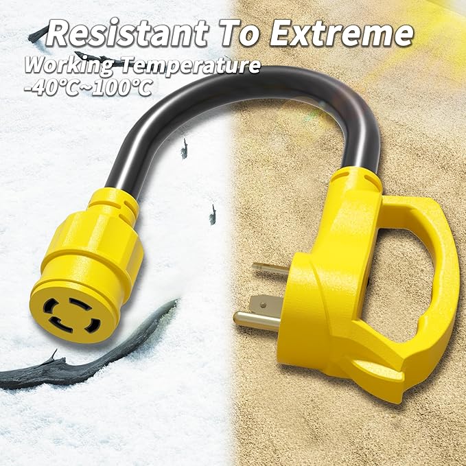 PlugSaf 3 Prong 30 Amp RV Generator Adapter Cord, NEMA TT-30 Male Plug to NEMA L14-30 Twist Lock Female Plug, 12 Inch(1 FT) 10 Gauge STW Power Cord, Max 30 Amp 125V/250V, Yellow, ETL Listed