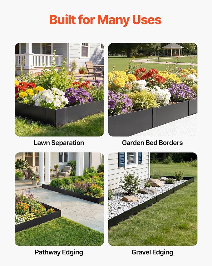 VEVOR Galvanized Steel Landscape Edging, 6-Pack 40 x 10 Inch Metal Edging for Landscaping with 8 Mounting Clips, Heavy Duty Metal Garden Edge Border for Flower Bed, Yard Pathway, Black