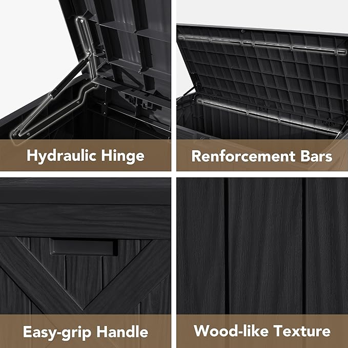 Devoko 120 Gallon Deck Box Resin Outdoor Storage Box Waterproof for Patio, Large Outdoor Storage Bench Lockable for Outside (Black)