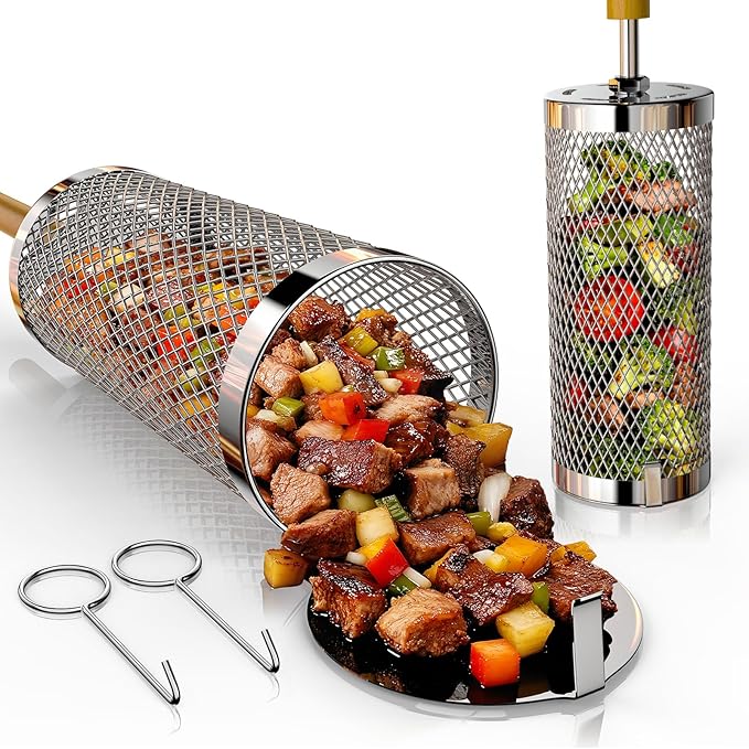Rolling Grill Basket 2-Pack,304 Stainless Steel Grill Basket with Removable Wooden Handle,BBQ Tool & Smoker Accessory for Veg & Shrimp,Ideal for Outdoor Cooking,Camping & Gifts for Dad/Husband/Men