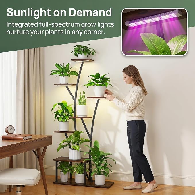 Quikraen 7 Tier Tall Plant Stand with Grow Light For Indoor Plants Growing 60in Indoor Flower Stand Tree-Shaped Plant Shelves for Living Room Patio Black