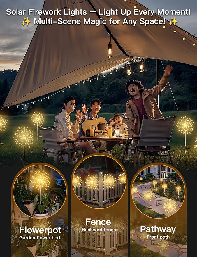 suddus Solar Garden Lights Outdoor Waterproof Decorative, 4Pack 150LED Firework Lights, Solar Fairy Lights for Yard, Garden, Patio, Pathway, Flowerbed, Party, Wedding Outside Decor- Warm White
