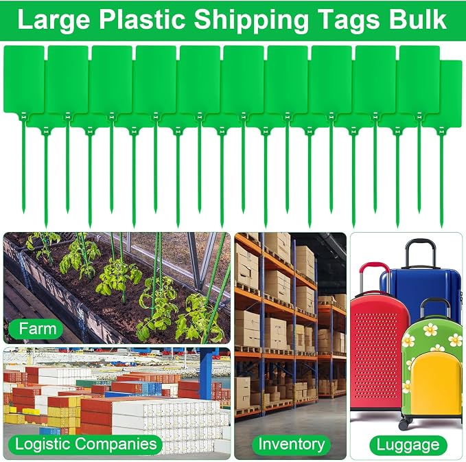 Chunful 500 Pcs Blank Plastic Tags Shipping Tags 3.94"x 2.36" Waterproof Sealing Shipping Labels Bulk Writable Hanging Tag Ties Sealing Strap Reusable Mark Labels for Keys Luggage Logistic (Green)