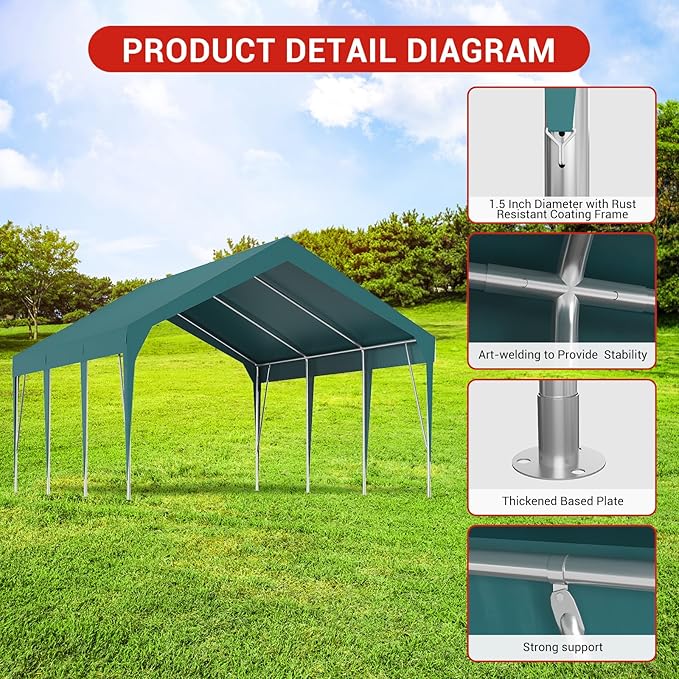 GarveeTech Heavy Duty Carport 10 x 20 ft Portable Garage Car Canopy Waterproof UV Resistant, Outdoor Storage Shed for Car, Motorcycle, Bike, Garden Tools (Green)