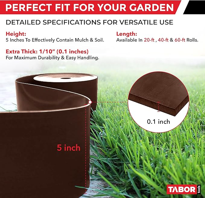 TABOR TOOLS 40 Ft Terrace Board, 5 Inch High, 0.1" Inch Thickness, Landscape Edging Coil, Grass Barrier, Bender Board, Garden Liner, ES34. (Brown)