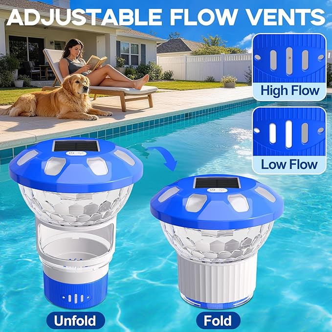 AquClor Chlorine Floater with Light,Pool Chlorine Floater with Adjustable Flow,Solar Chlorine Floater w/Large Capacity,Collapsible Floating Chlorine Dispenser for Pool,Hot Tub Chlorine Floater,Blue