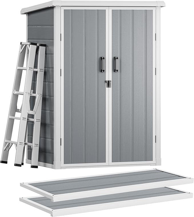 DWVO 5X3FT Outdoor Vertical Storage Shed with 2 Shelves, 60 Cu Ft Waterproof Resin Garden Shed with Floor & Lockable Door, Plastic Tall Tool Cabinet for Garbage Can, Lawn Garden Supplies, Gray