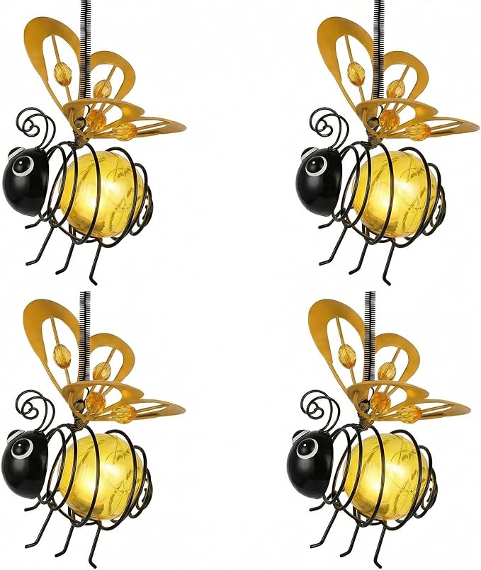 Solar Hanging Bee Light – Outdoor Metal Garden Decor with LED Glow, Yellow Glass Body – Waterproof Solar Powered Insect Ornament for Yard, Tree, Porch, Patio Outdoor Lighted Holiday Displays (4 Pack)