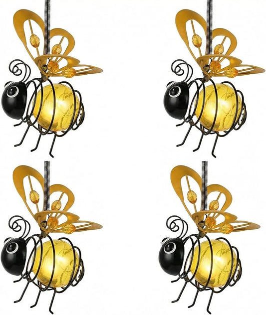Solar Hanging Bee Light – Outdoor Metal Garden Decor with LED Glow, Yellow Glass Body – Waterproof Solar Powered Insect Ornament for Yard, Tree, Porch, Patio Outdoor Lighted Holiday Displays (4 Pack)