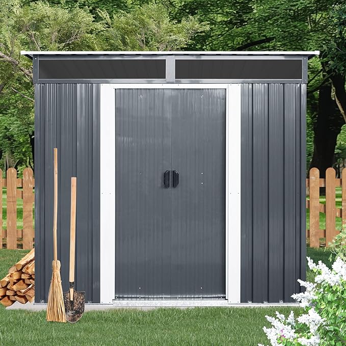 6FT x 5FT Outdoor Storage Shed, Heavy Duty Galvanized Steel Garden Shed with Sloped Roof, Sliding Lockable Doors, Punched Vents & Foundation Kit, Weather Resistant Tool Shed, Black+White with Window