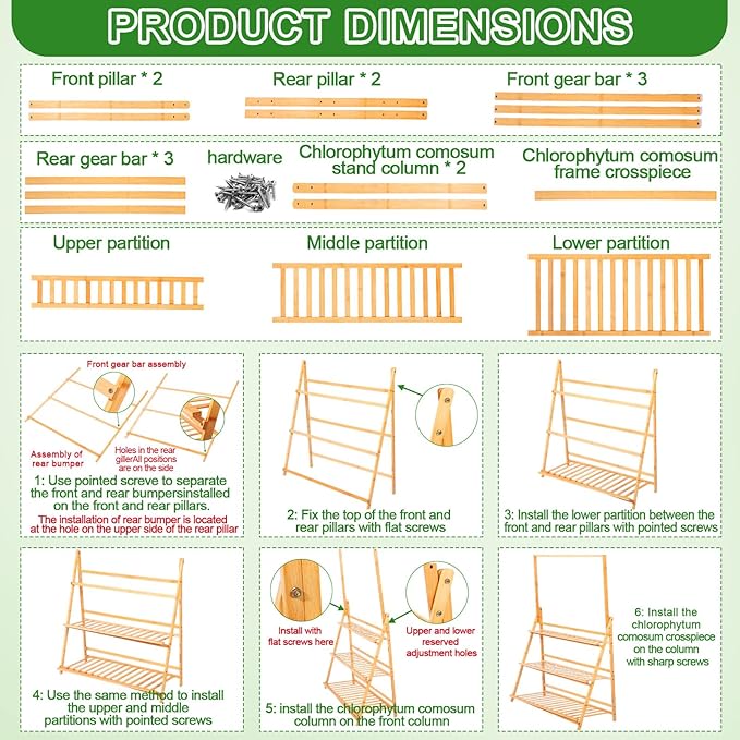 Leinuosen 2 Pcs 50.4" Bamboo 3-tier Tall Plant Stand with Hanging Shelf, Indoor & Outdoor Ladder Flower Pot Display Shelf Wooden Tall Foldable Plant Stand Holder for Garden Patio Balcony Living Room