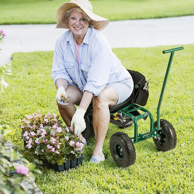 Rolling Garden Seat with Wheels, Garden Cart with 360° Swivel Seat for Planting, Garden Stool Scooter with Replaceable Handle & Removable Cushion, Height Adjustable Outdoor Gardening Workseat